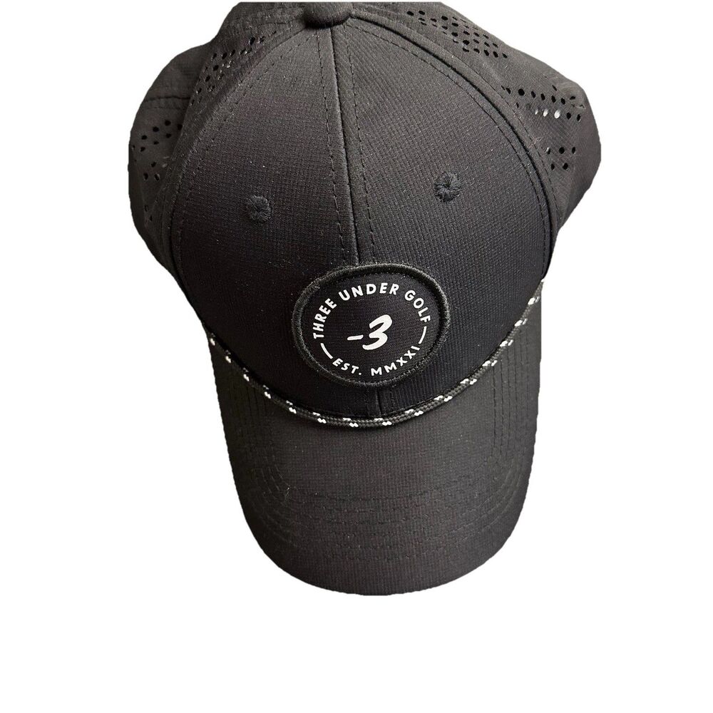 Three Under Golf Mens Adjustable Hat Black Snapback Rope Performance EUC